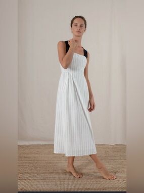 Striped White Midi Dress with Black Straps